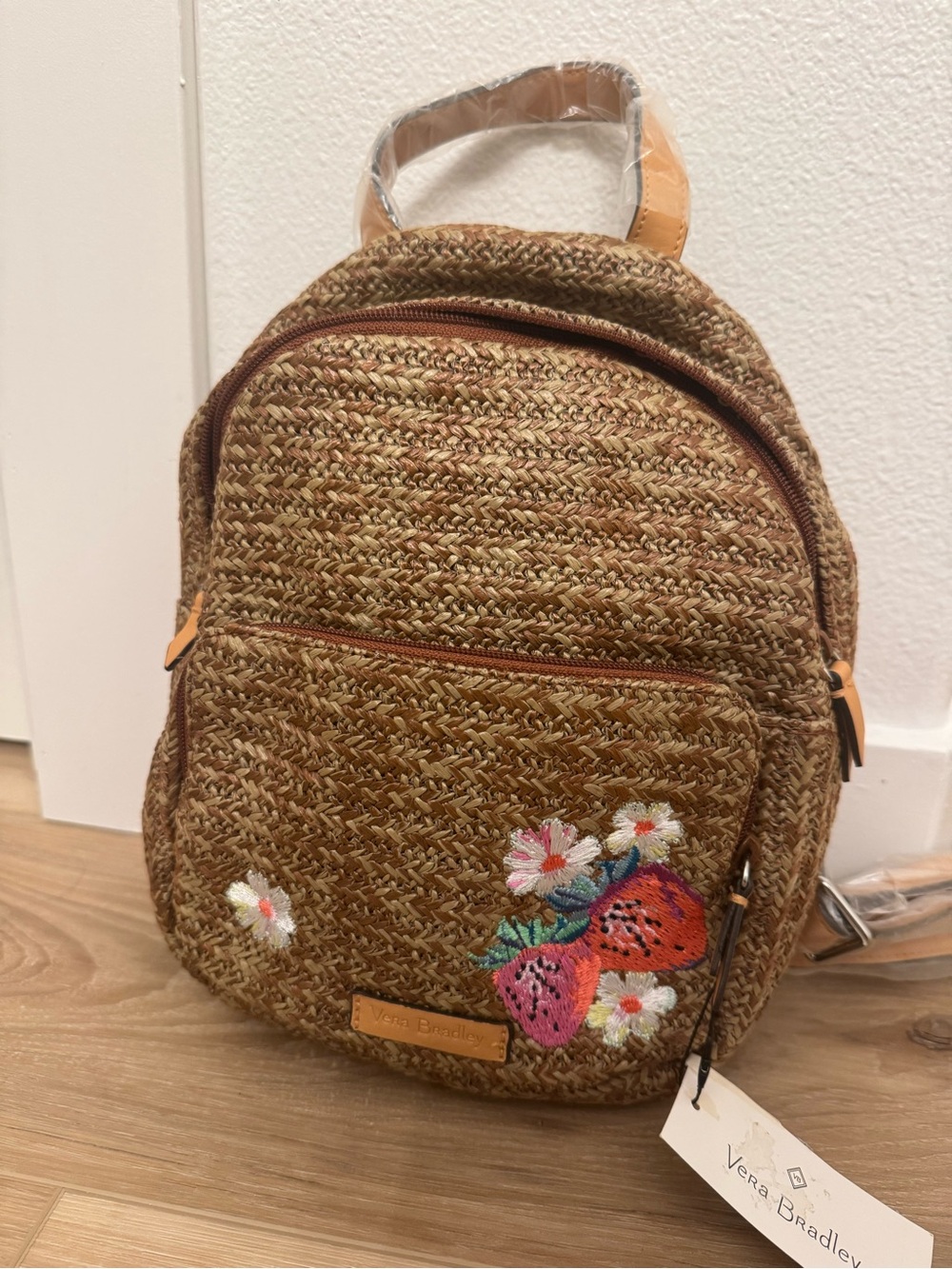 Vera Bradley Straw Backpack Brown Fruit Strawberry Floral Embroidered NWT